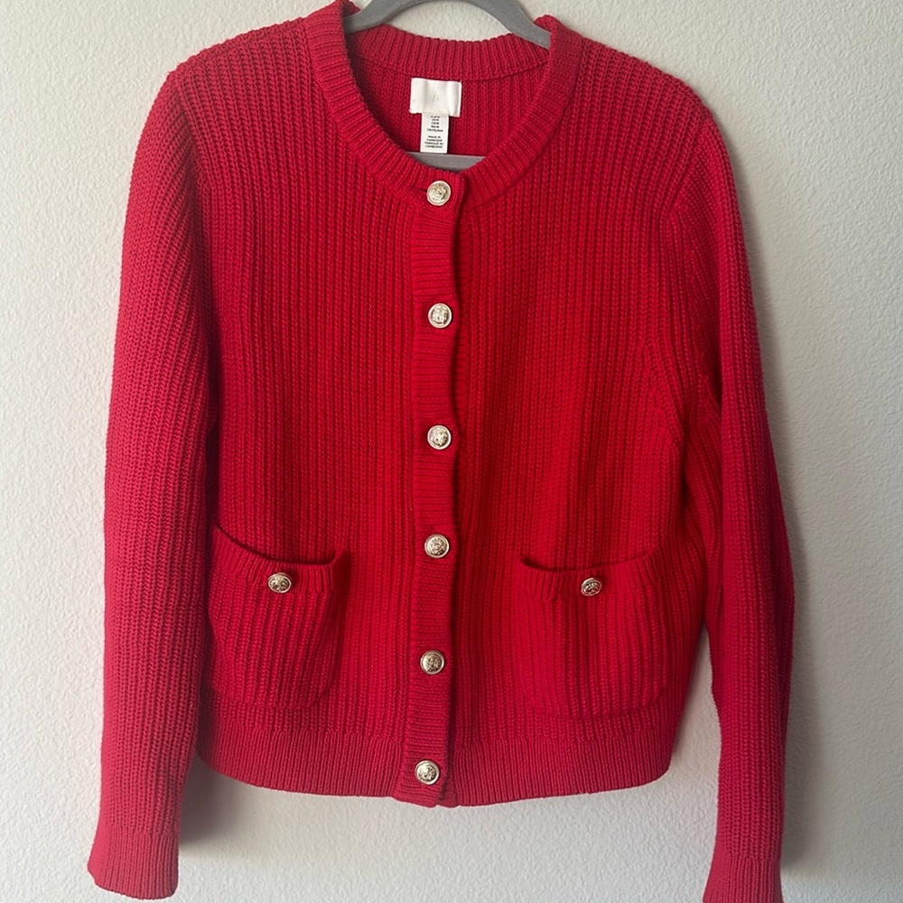 Chanel style knit red cardigan with gold buttons M